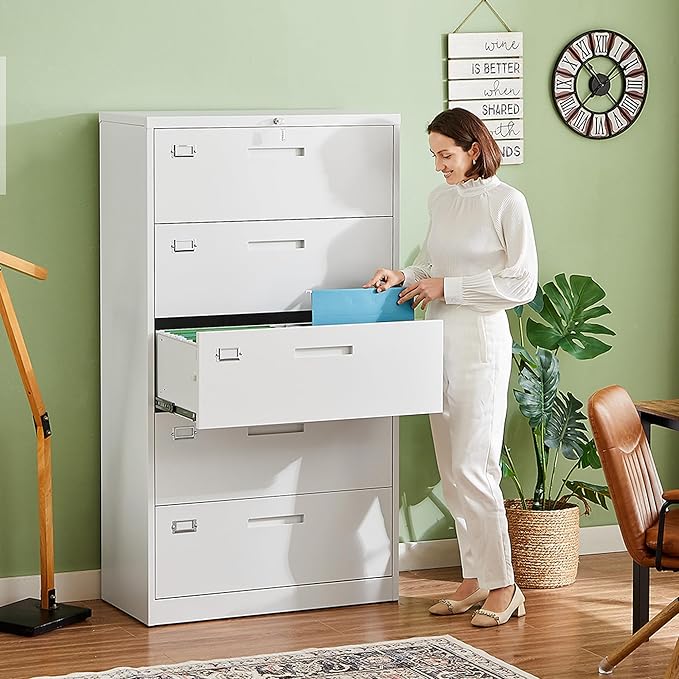 Letaya Lateral 5 Drawer File Cabinet with Lock,Metal Wide White Filing Cabinets for Home Office Storage A4/F4/Letter/Legal(Assembly Required)