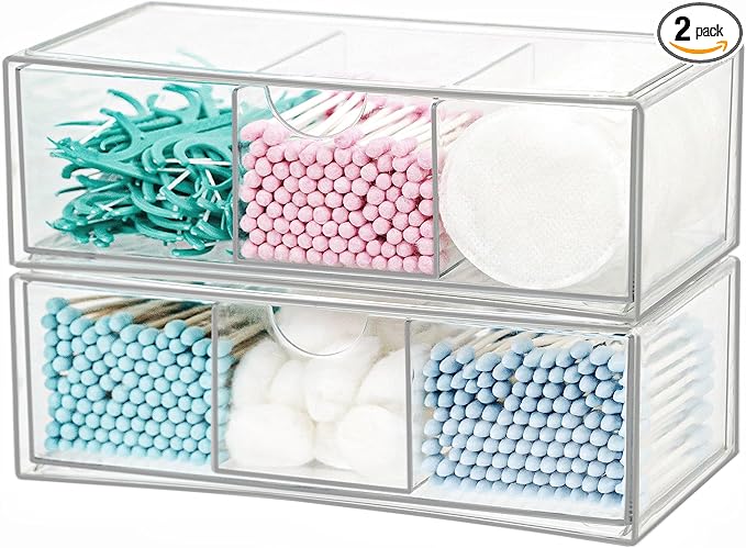 Set of 2 Stackable Storage Drawers - 7.8" Clear Plastic Drawer Storage, Acrylic Makeup Organizer, Desk Counter Cabinet Office Organizer, Bathroom Organizers and Storage (3 Grid/Set of 2)