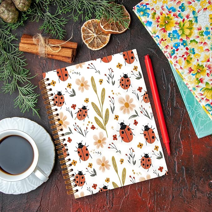 JXREQ Cute Ladybug Floral Notebook Insects Botanical Journal Gifts for Women Note Taking Writing Study, Office School Supplise, Aesthetic Spiral Notebooks 5.5x8.3
