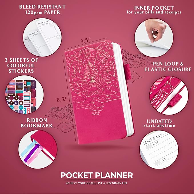 Legend Planner Pocket – Small Undated Monthly & Weekly Goal Journal and Calendar for Productivity, Mini Life Organizer Planner Perfect for Purse, Size: 3.5" x 6.2" Hardcover – Hot Pink