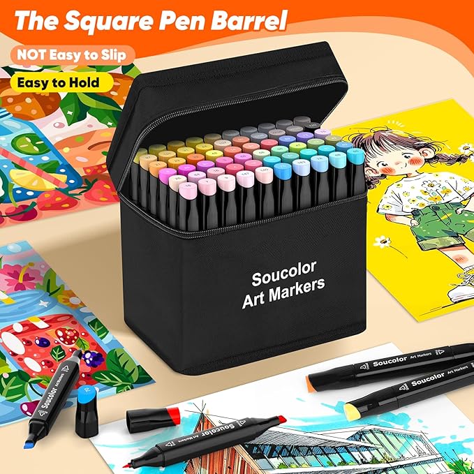 Soucolor Alcohol Markers Set, 60 Colors Dual Tip Art Alcohol Markers, School Office Teacher Supplies for Kids and Adults Coloring Drawing Sketching Book Painting Card Making Illustration