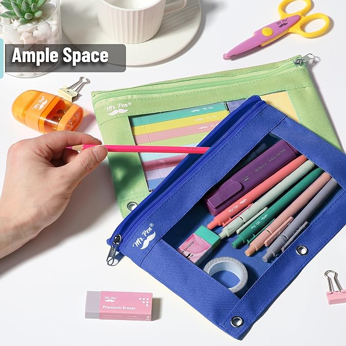 Mr. Pen- Pencil Pouch for 3 Ring Binder, 2 Pack, Dark Blue and Green, 3 Ring Binder Pencil Pouch