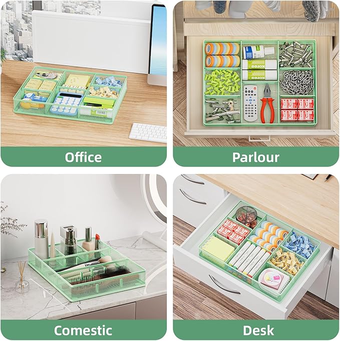 Marbrasse Desk Drawer Organizer, Metal Mesh Drawer Organizer Tray with 5 Adjustable Compartments,Desk Organizers and Accessories for Home,Office,Kitchen,Makeup,Vanity (Green)