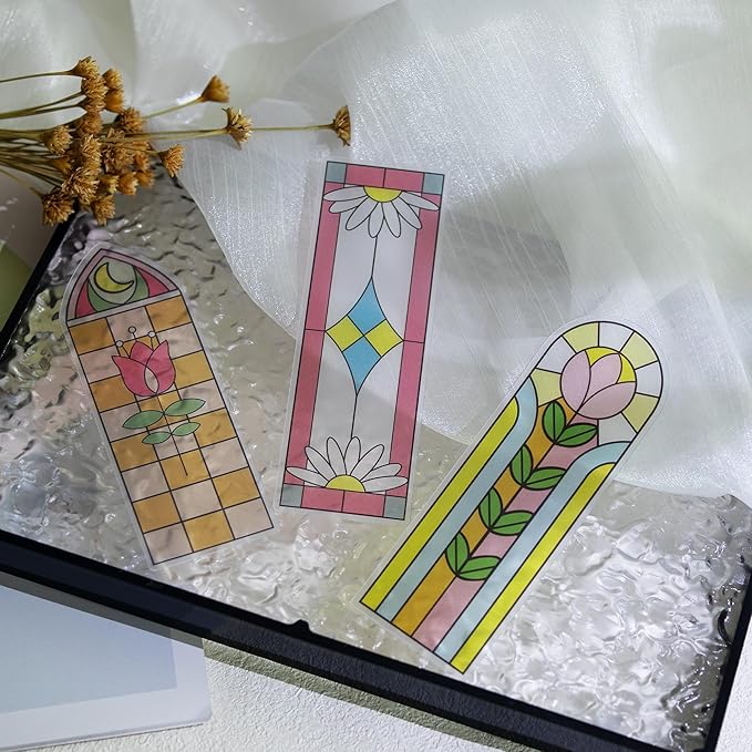 SWATOM 6 PCS Two-Sided Frosted Stained Glass Bookmarks for Reading Women Waterproof Transparent Plastic Bookmark Gifts for Book Lovers with Bookmark Holders ﻿