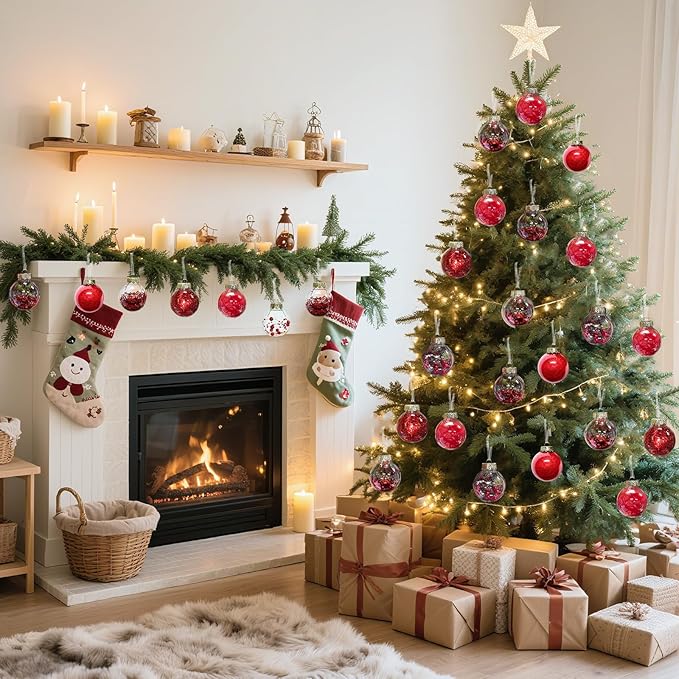 DeckTheHalls Christmas Ball Ornaments Set, 32-Piece Clear Plastic Decor for Crafts, Reusable DIY Festive Tree Decorations, Easy Hang Unbreakable Ornaments for Holiday, Party, Wedding (Red)