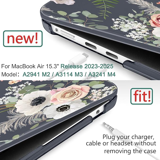 DONGKE Compatible with M4 MacBook Air 15 inch Case 2025 2024 2023 A3241 A3114 A2941 M3 M2 Liquid Retina Display Touch ID, Plastic Hard Case & Keyboard Skin & Screen Protector - Dried Flowers
