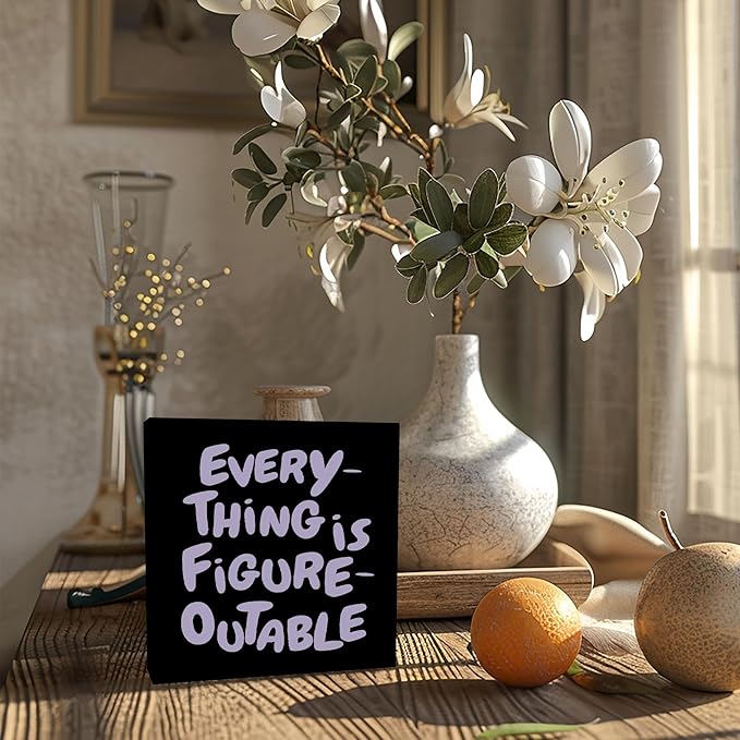 Inspirational Black Purple Office Decor, Every Thing is Figure Outable Motivational Office Accessories Wooden Box Sign, Inspirational Gifts for Women, Men Wall Desk Shelf Tabletop Decoration 5x5In