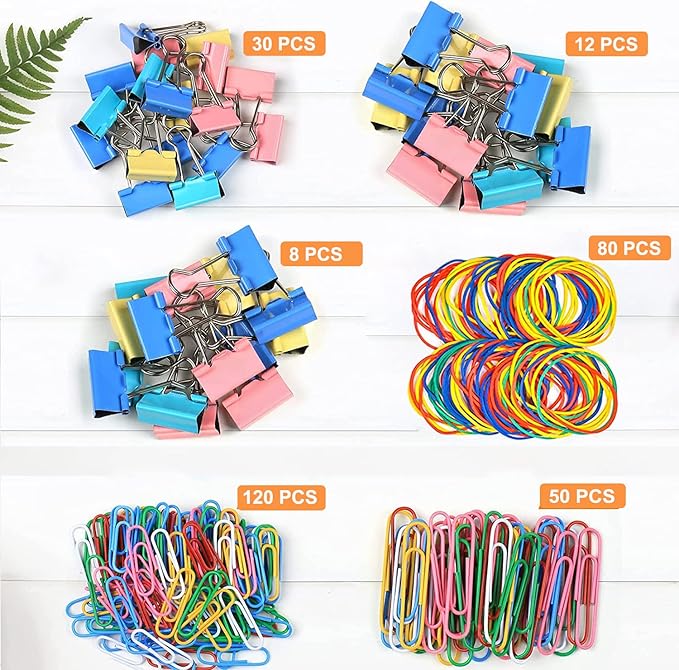 Vinaco 300PCS Paper Clips and Binder Clips Assorted Sizes, Colored Paper Clips (2" Large/1.3" Medium), Binder Clips (1" Medium /0.75" Small/0.6" Mini) and Rubber Bands for Home Office School