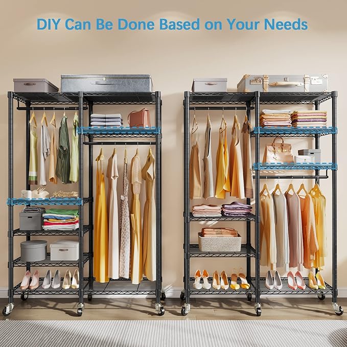 VIPEK R4 Garment Racks Heavy Duty Clothes Rack -620lb Capacity Metal Frame, Rolling Lockable Wheels & 6 Tiers Adjustable Height Shelves & Hanger Rods, Sturdy Wardrobe Closet for Home Storage, Black