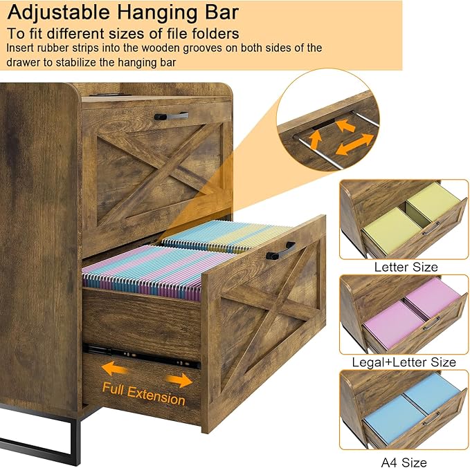 File Cabinet 2 Drawers Lateral File Cabinet with Charging Station for Letter/Legal/A4 Size Hanging Files, Large Wood File Storage Cabinets Printer Stand for Home Office, Brown
