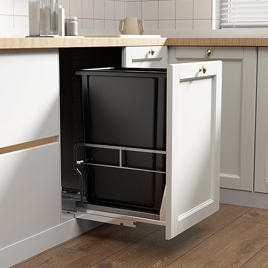 YJHome Pull Out Trash Can Under Cabinet with 31Qt 8Gal Garbage, Under Sink Trash Can with Soft-Close Slides, Cabinet Trash Can Pull Out Kit with Door Mounting Kit for Minimum Opening 12" W
