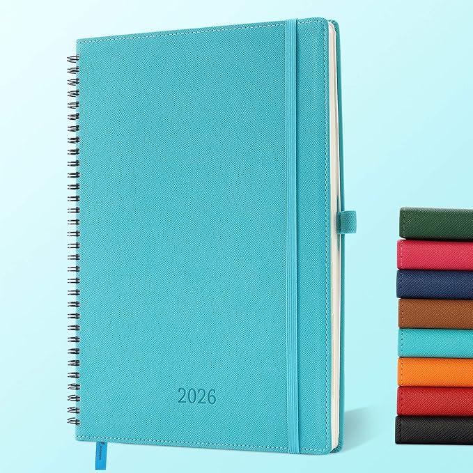 IN-LUXPRO Planner 2026 Daily Weekly and Monthly,11.5"x8.5",12 Months Spiral Bound Calendar Agenda with Self-adhesive Pen Holder,2026 Appointment Book with Vegan Leather Soft Cover,Light Blue