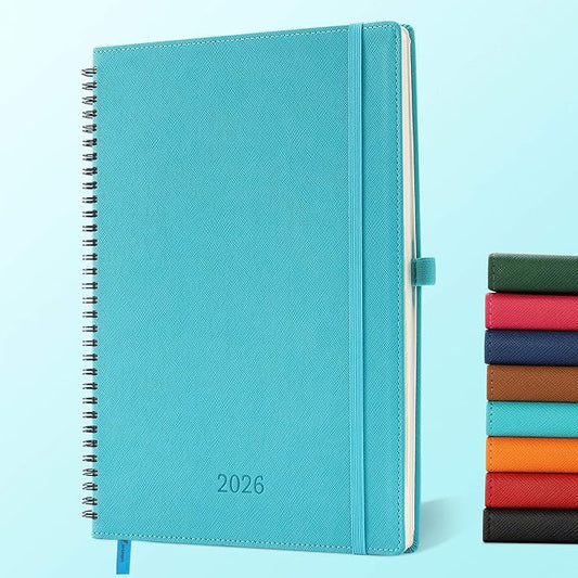 IN-LUXPRO Planner 2026 Daily Weekly and Monthly,11.5"x8.5",12 Months Spiral Bound Calendar Agenda with Self-adhesive Pen Holder,2026 Appointment Book with Vegan Leather Soft Cover,Light Blue