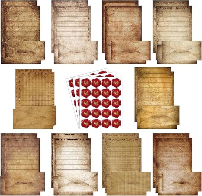 TaoBary 160 Pcs Stationery Paper Set 50 Double Sided Stationery Papers with 50 Matching Envelopes and 60 Round Dot Sticker, 10 Design(Vintage,8.5 x 11 Inch)