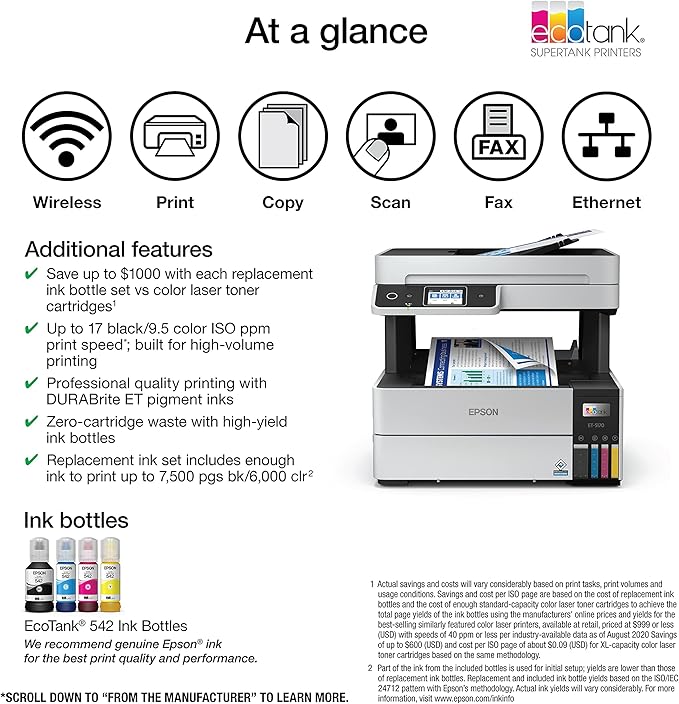 Epson EcoTank Pro ET-5170 Wireless Color All-in-One Supertank Printer with Scanner, Copier, Fax Plus Auto Document Feeder White Large