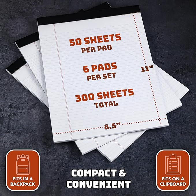 Office Legal Pads | Note Pads For Work | Memo Pads | 8.5 x 11 inches Lined Paper Pad | Narrow Rule 50 Sheets Pads | Set of 6 White Writing pads for Home, School, Teachers, Businesses