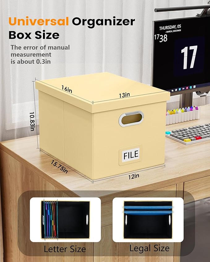 2 Pack File Storage Organizer Box, Portable Document Box with Lid,Fit for Letter/Legal File Folder Storage,Cream-yellow(Leather)