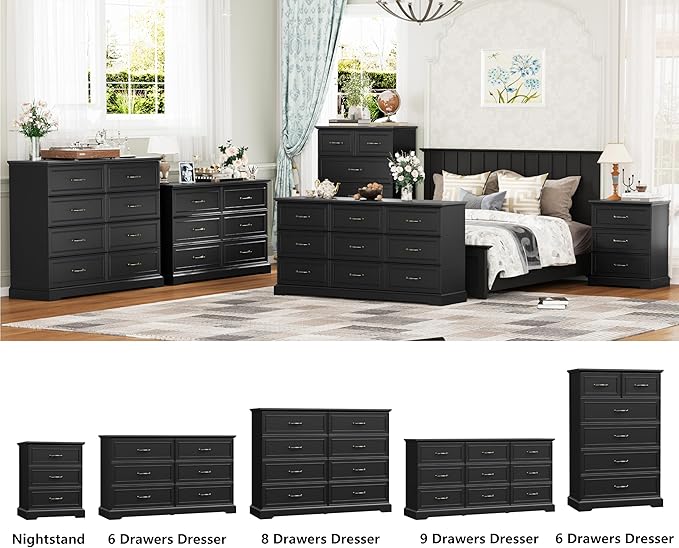 6 Drawer Dresser for Bedroom, 49" Tall Wooden Chest of Drawers, Rustic Farmhouse Dresser with Large Drawers & Metal Handles, Modern Storage Organizer for Closet, Living Room, Hallway, Black