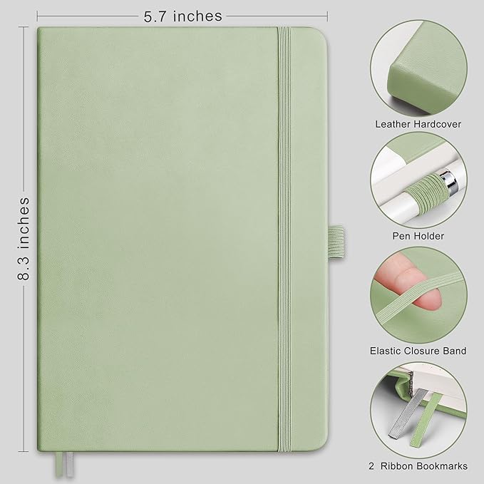 RETTACY Lined Journal Notebook, 2-Pack, 192 Numbered Pages per Pack, A5 Medium Size (5.7'' x 8.3''), for Men & Women, Writing, Work, Leather Hardcover, 100 GSM Thick Paper (Black & Light Green)