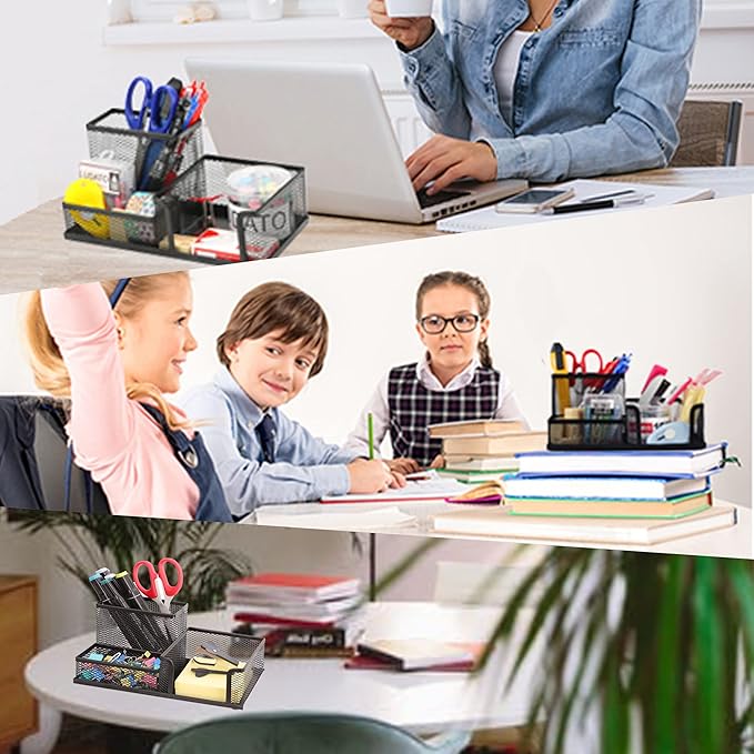 Ludato Desk Organizers Mesh Pencil Holder，3 Compartments Black Mesh Pen Holder Storage for Office Desk Accessories