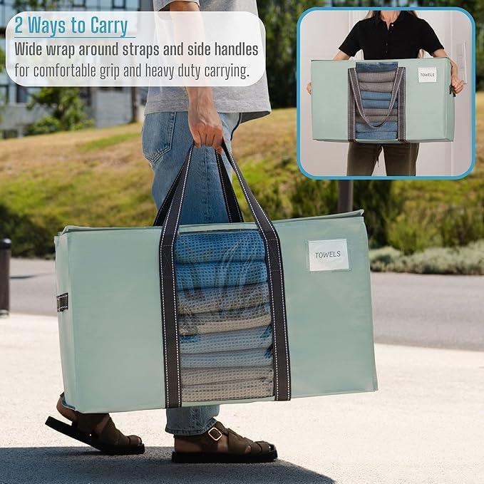 VENO 2 Pack Moving Bags, Moving Supplies, Moving Boxes, College Packing Storage Boxes with Lids Alternative, Heavy Duty Totes, Extra Large, Sturdy Handles, Zipper (Light Green with Window, 2 Pack)