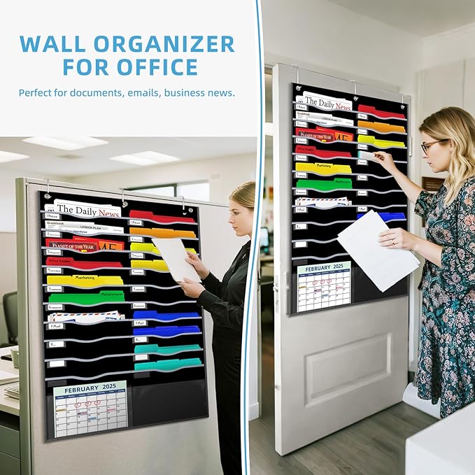 22 Pockets Hanging Wall File Organizer, Sturdy Legal/Letter Size Manila File Folders Organizer, Classroom Pocket Chart with 2 Writable Clear Pockets, 6 Wall/Door Hooks & 24 Labels (Black)