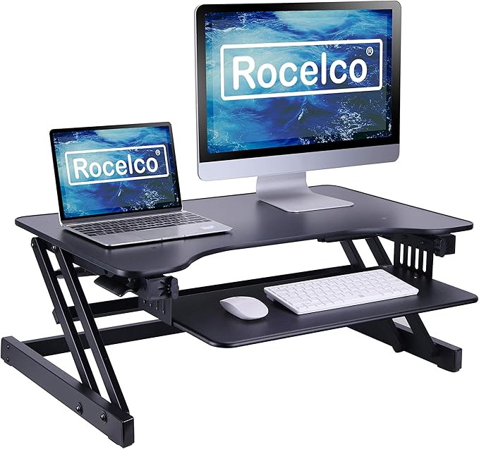 Rocelco 32" Height Adjustable Standing Desk Converter - Slide Out Retractable Keyboard Tray - Sit Stand Up Double Monitor Riser - Dual Piston Lift Assist Tabletop Computer Workstation - Black (R ADRB)