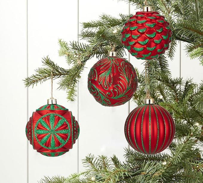 Hollyone 4.7 Inch Large Red and Green Christmas Ornaments 4Pcs Christmas Tree Balls Ornaments Shatterproof Christmas Ornaments for Xmas Tree Decor Holiday Party Wreath Home Decor (Red & Green, 120mm)