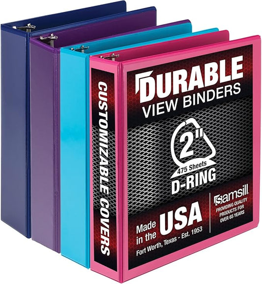 Samsill Durable 2 inch 3 Ring Binder, Made in USA, D Ring Binder, FSC 100% Recycled Chipboard, Fashion Assortment, 4 Pack