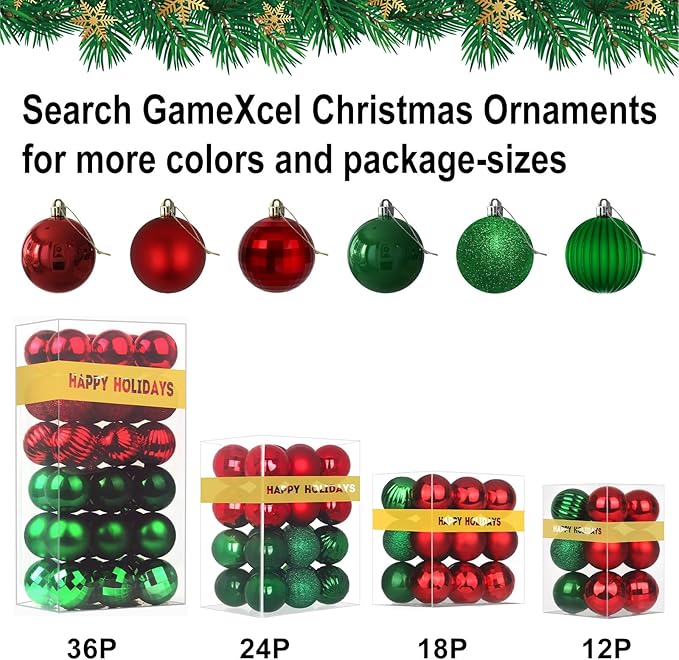 Red & Green 1.6" Small Christmas Balls Christmas Tree Decoration Ornaments Shatterproof Hanging Balls for Birthday Halloween Holiday Wedding Decorations Set of 12pcs