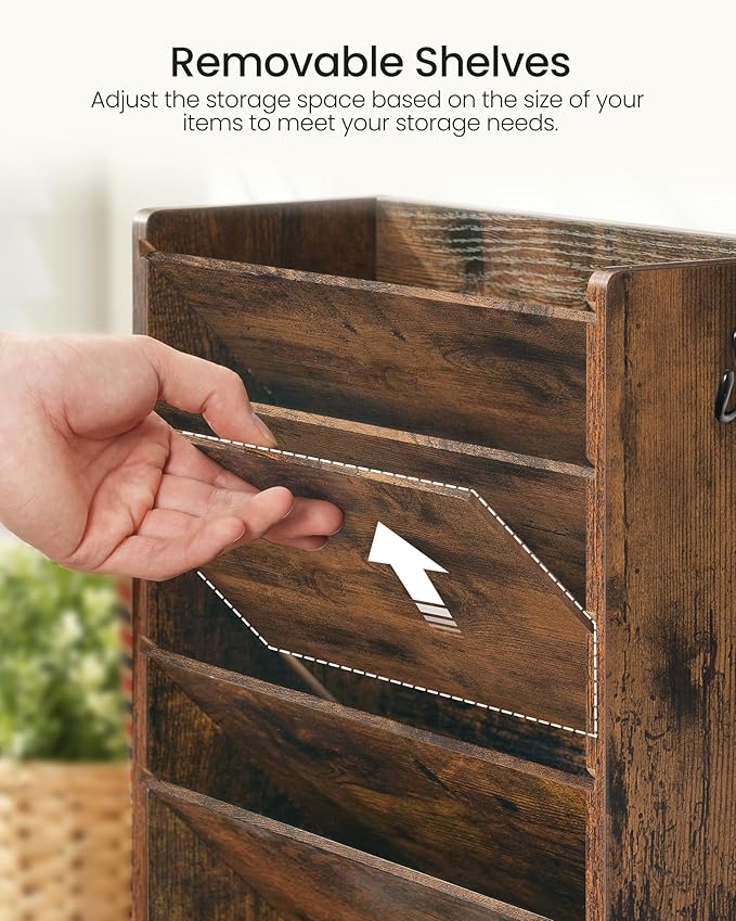 Wall File Organizer, 6-Tier Vertical Mount Hanging Holder with 2 Side Hooks, Vintage Wooden Magazine Storage Crate with Bottom Flat Tray, Desk Organizer, for Office, Home, Rustic Brown MWJ01FG
