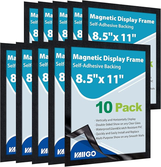 10Pack Magnetic Sign Holder 8.5 x 11, Self Adhesive Magnetic Frames for Wall, Magnetic Picture Frame Paper Holder for Fridge, Door, Window Magnetic Display Poster Frame Document Holder, Black