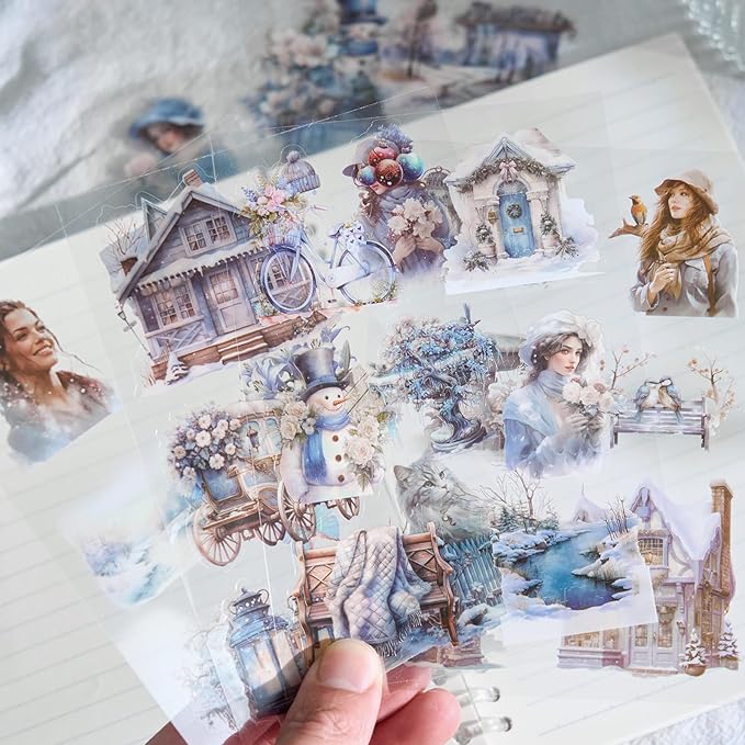 Snycler 20 Sheets PET Stickers - Vintage Journaling, Scrapbooking Supplies, DIY Craft Stickers for Junk Journals, Ephemera Sticker Book, Seasonal Themes (Winter), Pre-Cut Designs