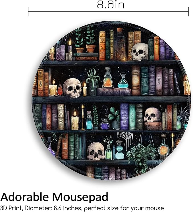 Bookshelf and Skull Mouse Pad, Skeleton Goth Gothic Small Round Mousepads for Desk, Mini Travel Mouse Mat for Wireless Computer Laptop, Work Office Desk Accessories, 8.6 x 8.6 inch