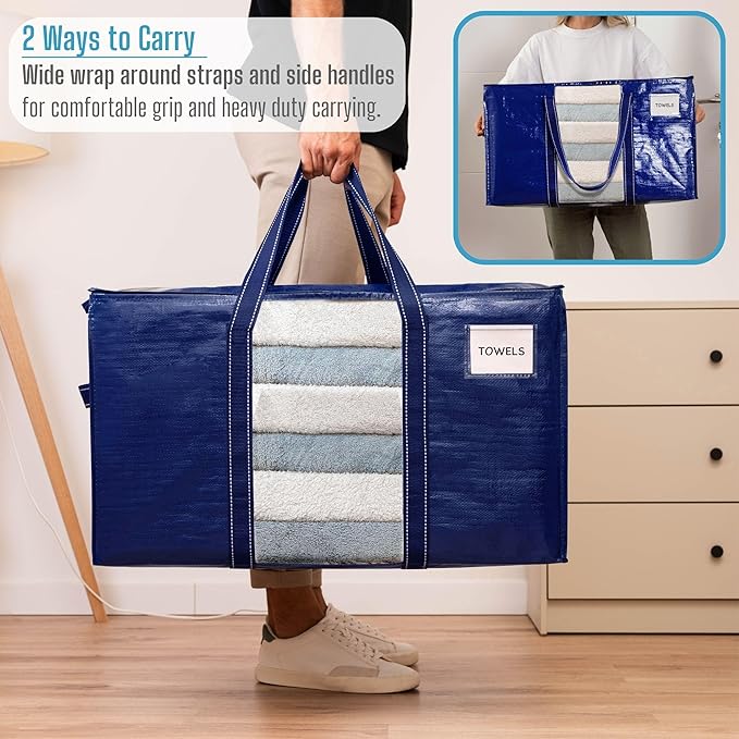 VENO 4 Pack Moving Bags, Moving Supplies, Moving Boxes, College Packing Storage Boxes with Lids Alternative, Heavy Duty Totes, Extra Large, Sturdy Handles, Zipper (Blue with Window, 4 Pack)