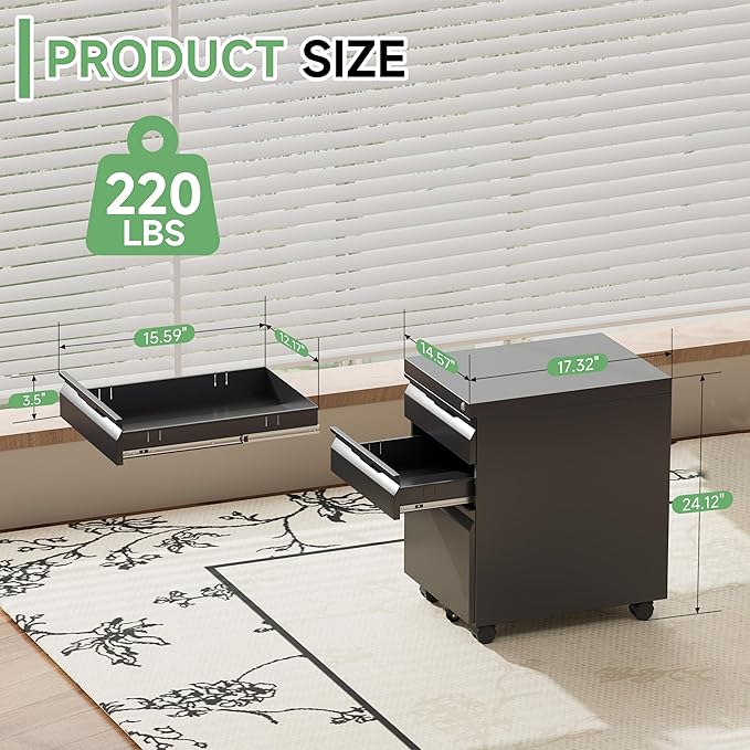 3 Drawer Mobile File Cabinet with Lock,Under Desk Metal Filing Cabinets with Wheels for Home Office Organizer Letters/Legal/A4(Easy Assemble-Black)