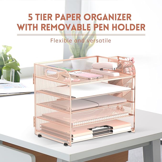 SUPEASY 5 Tier Desk Organizer with Handle & Removable Pen Holders, Mesh Paper/File Organizer for Office Supplies, Rose Gold