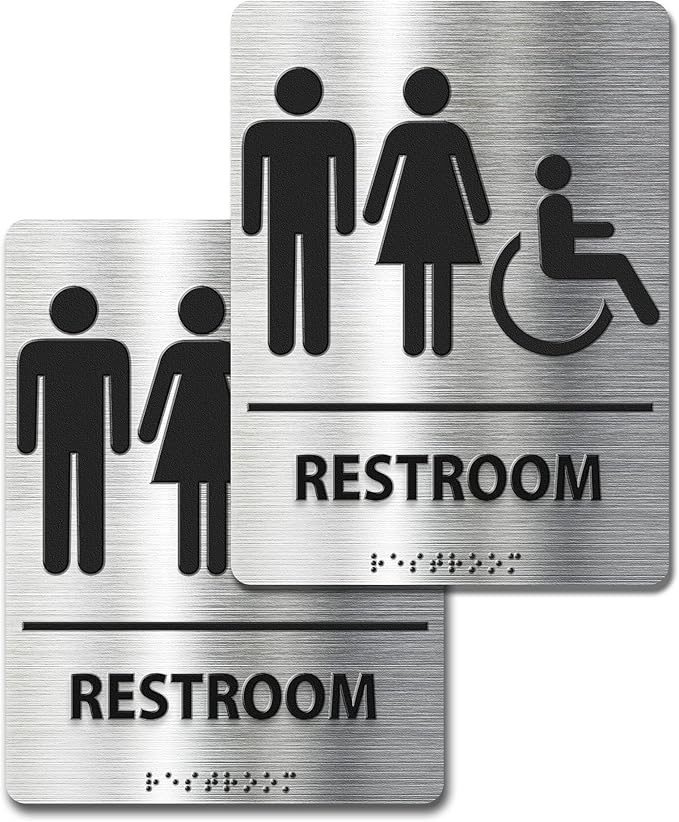 ADA-Mark Modern Restroom Sign for Business -2PK ADA Compliant Braille Bathroom Sign with Easy Installation - 6" W x 8" H