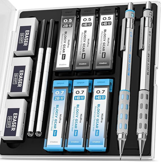 Nicpro Blocky Gear 0.5 mm & 0.7 mm Mechanical Pencils Set in Case, Metal Pencil with 6 Tube Lead Refills, Eraser, Eraser Refills for Professional & Adult Art Writing Drafting Drawing Sketching