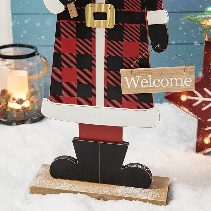Glitzhome Wooden Christmas Santa Porch Sign Standing Porch Decor, Rustic Lighted Merry Christmas Welcome Sign Holiday Party Outdoor Indoor Xmas Decorations,36" H