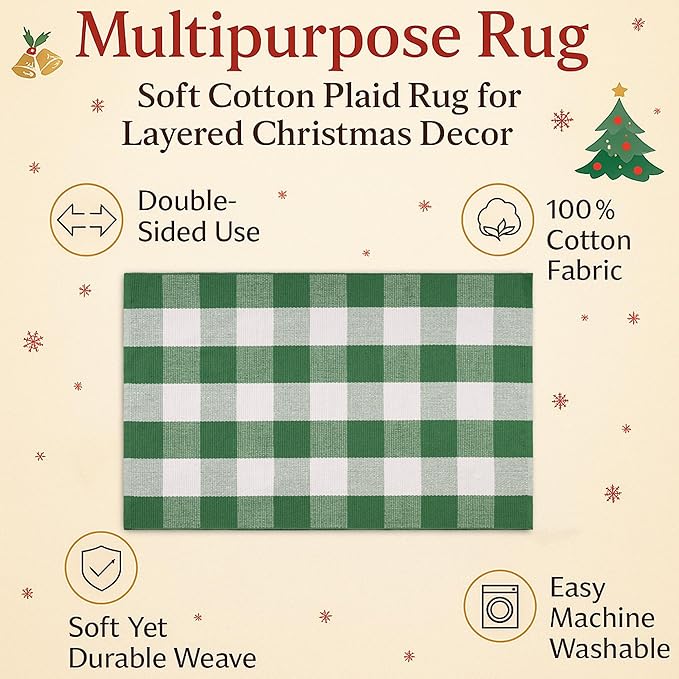 Christmas Green & White Plaid Rug - 4' x 6' Outdoor Front Door Decor Mat Cotton Washable Hand-Woven Rug Christmas New Year Holiday Porch Entryway Layered Doormat