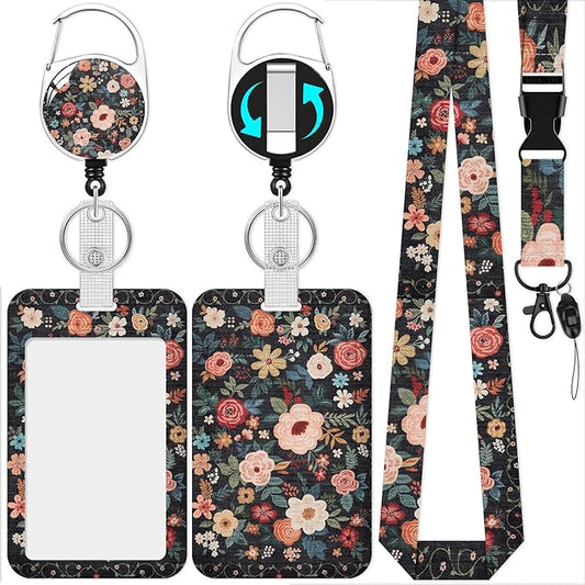 Floral Lanyard with Id Holder,Retro ID Badge Holder with Retractable Lanyard, ID Holder with Badge Reel Clips, Name Tag ID Card Holder Teacher Women Doctor Office Gift