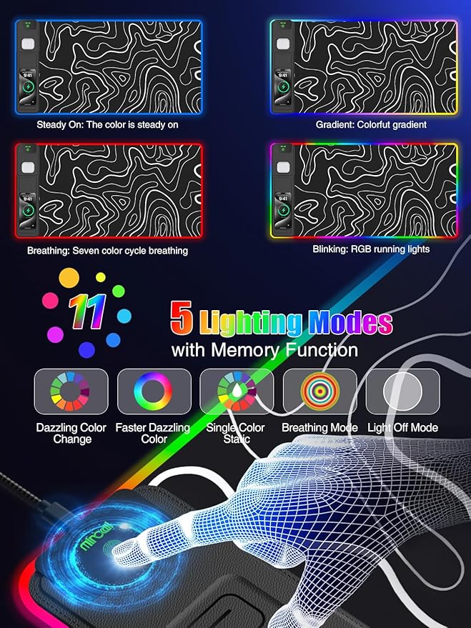 Mouse Pad with Foldable Phone Holder & Wireless Charger, XXL RGB Gaming Mousepad 31.5"x15.8" Large Desk Mat for Keyboard, Black Desk Pad with Dual Qi Charging Station | 11 Colors 5 Modes | Waterproof
