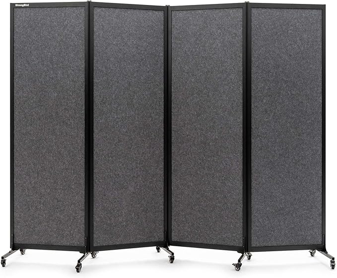 Upgrade Version Room Partition and Divider, Freestanding Rolling Dividers with Wheels,Office Privacy Screen Divider Wall,Classroom Felt Dividers,8'2"L* 6'7"H,4 Panel，Dark Grey