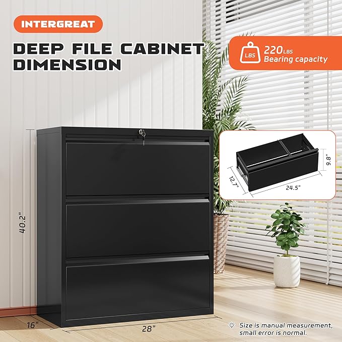INTERGREAT Lateral File Cabinet with Lock, 3 Drawer Lateral Filing Cabinet for Legal/Letter A4 Size, Metal Steel Locking Black Wide File Cabinets for Home Office