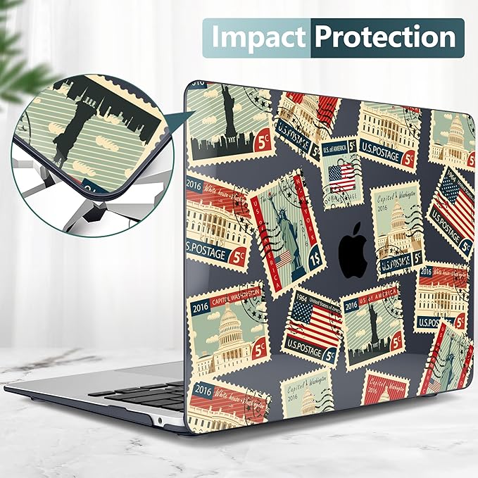 DONGKE for MacBook Air 13 Inch Case 2021-2018, Compatible with A2337 M1 A2179 A1932 Support Retina Display & Touch ID, Hard Shell Plastic Cover with Keyboard Skin - Classic Stamps