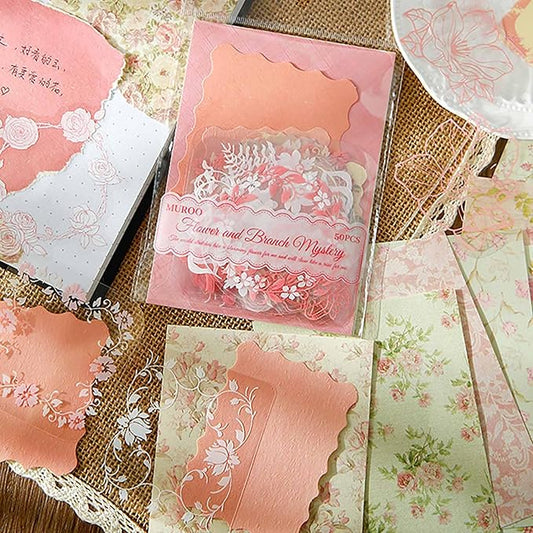 50 Pieces Pink Flower Scrapbook Papers Sticker, Aesthetic Scrapbook Sticker Paper Art Journaling Kit for Bullet Junk Journals, Planner, Cottagecore Decor Gifts