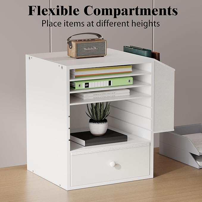7 Tier Adjustable Countertop Mail Sorter with Drawer, Office Mailboxes With Name Slots, 12 X 12 Paper Storage Slot, Office Desk File Organizer, Wooden Desktop Mailbox For Classroom, White