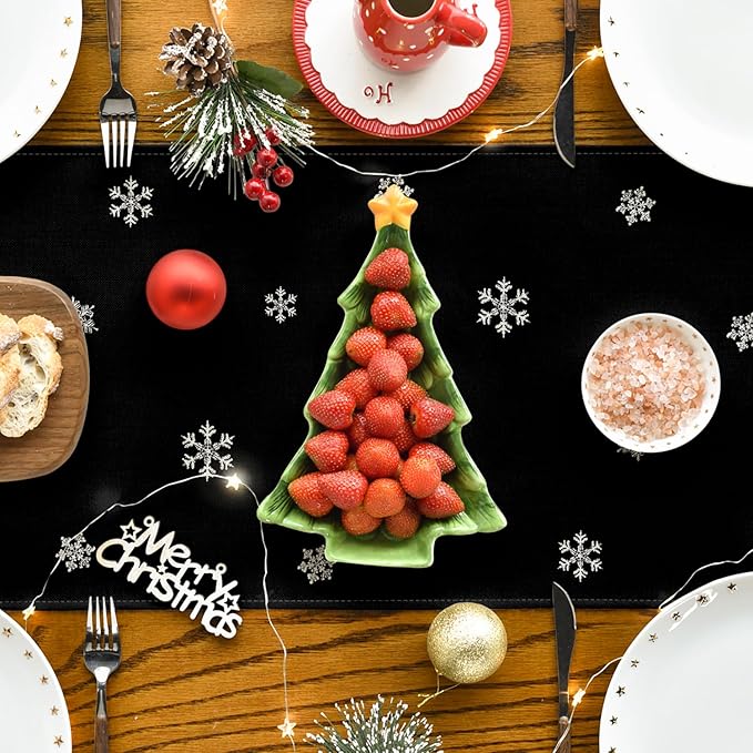 Artoid Mode Xmas Trees Snowflakes Black Merry Christmas Table Runner, Winter Seasonal Kitchen Dining Table Decoration for Home Party Decor 13x72 Inch