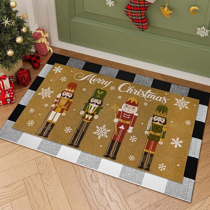 2 Pcs Christmas Welcome Doormats 30 x 17 Inch Christmas Nutcracker Coir Door Mats for Front Doors Nonslip 2-in-1 Seasonal Buffalo Plaid Rug for Holiday Outside Entrance Porch Home Decor